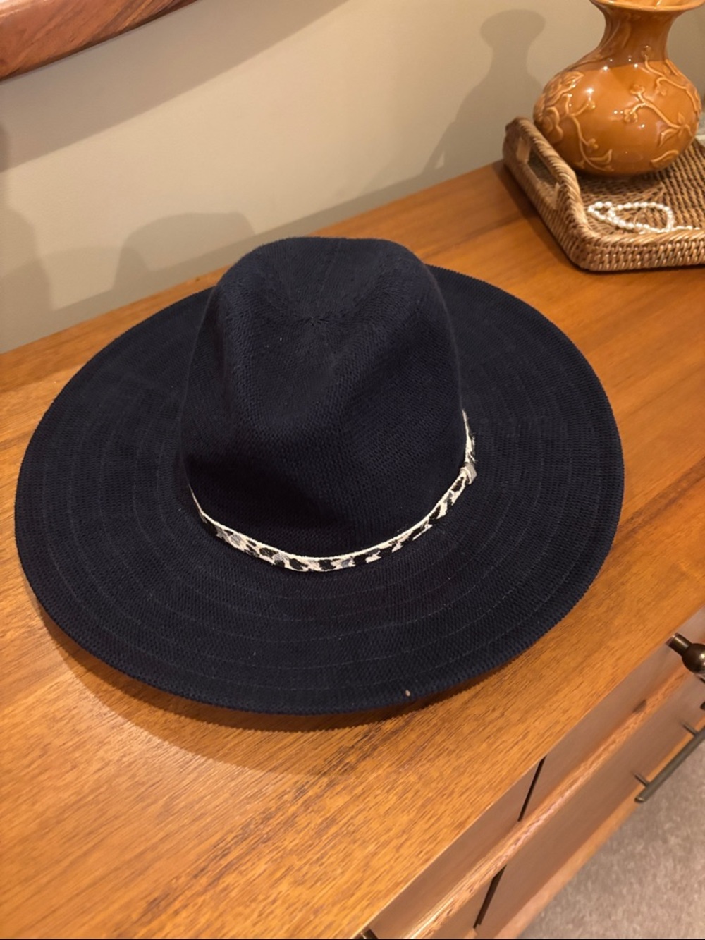 Anthropologie Navy Wide-Brim Fedora with Cream Contrast Band